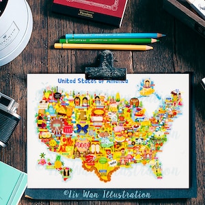 USA Map Postcard - Map of USA - USA Map - Illustrated usa Map - Travel Gift - A6 postcard