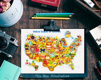 USA Map Postcard - Map of USA - USA Map - Illustrated usa Map - Travel Gift - A6 postcard