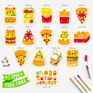 Collection de cartes postales J'aime la restauration rapide - Carte postale alimentaire - Carte postale alimentaire kawaii - Illustration culinaire - Carte postale découpée - Carte postale en forme