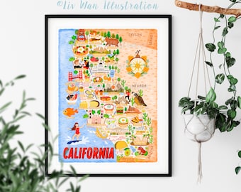 Poster carte de la Californie - carte de la Californie - carte de la Californie - carte illustrée de la Californie - art mural - décoration d&#39;intérieur - poster cadeau