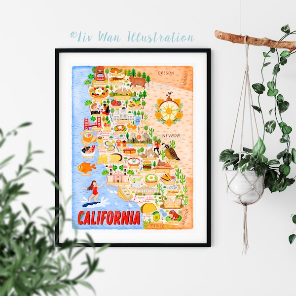 Poster carte de la Californie - carte de la Californie - carte de la Californie - carte illustrée de la Californie - art mural - décoration d'intérieur - poster cadeau