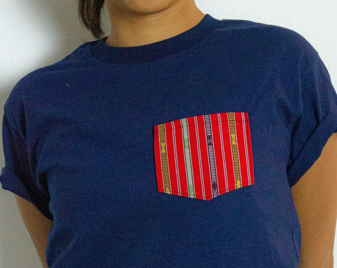 Natibo Pocket T-Shirt (RED ON NAVY), unisex, soft crewneck tee, handwoven inabel fabric from the Philippines, handmade in New York City