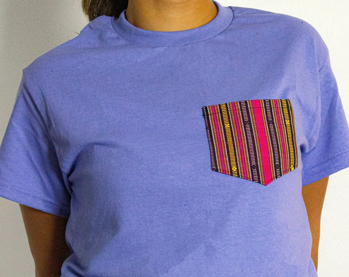 Natibo Pocket T-Shirt (Pink on Violet), unisex, soft crewneck tee, handwoven inabel fabric from the Philippines, handmade in New York City