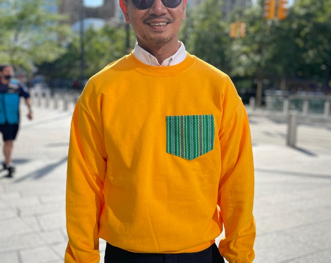 Natibo Pocket Crew Neck Sweatshirt GREEN ON YELLOW unisex, heavy blend athletic style pullover, handmade in New York City