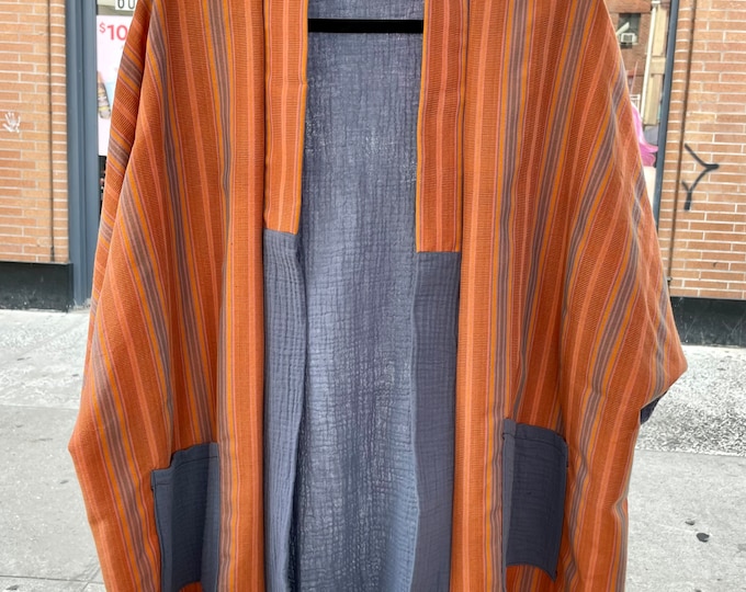Natibo Haori Jacket, Orange Stripes Blue, One Size Fits All, unisex, handwoven fabric from the Philippines, handmade in New York City