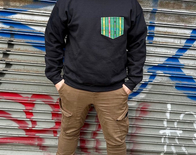 Natibo Pocket Crewneck Pullover Sweatshirt, Purple on BLACK, unisex, handmade with handwoven inabel fabric from the Philippines, Made in NYC