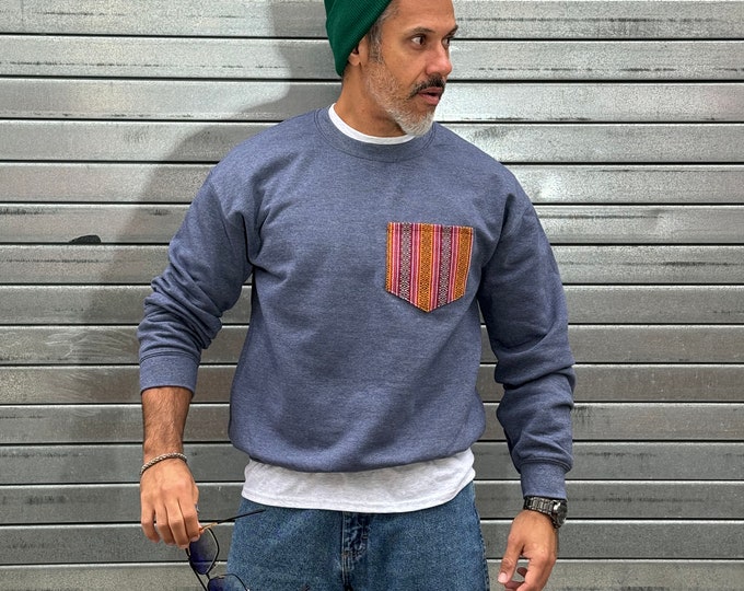 Natibo Pocket Crewneck Pullover Sweatshirt, YELLOW on BLUE, unisex, handmade with handwoven inabel fabric from the Philippines, Made in NYC