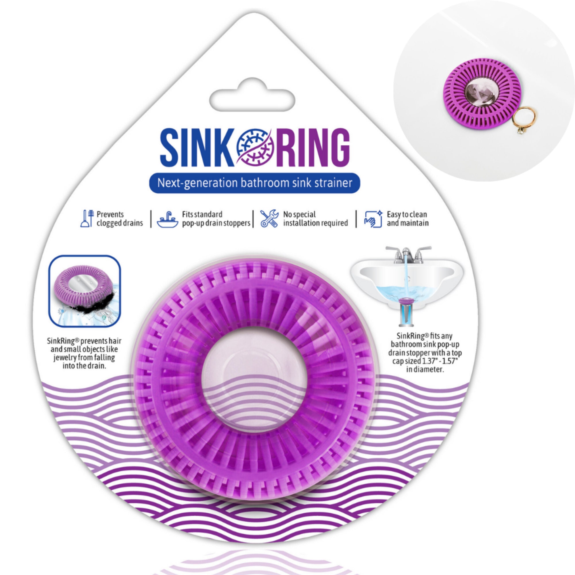Sinkring The Ultimate Bathroom Sink Drain Protector Hair Catcher/Strainer/Snare - Purple, Size: 2.8