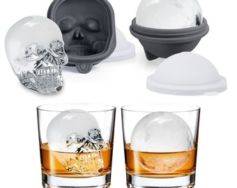 SHAPED Extra Large 3D Skull & Sphere Ice Molds Set, Large Round Whiskey Ice Ball Molds, Spherical Ice Maker - 2 in 1