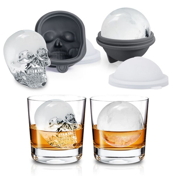 SHAPED Extra Large 3D Skull & Sphere Ice Molds Set, Large Round Whiskey Ice Ball Molds, Spherical Ice Maker - 2 in 1