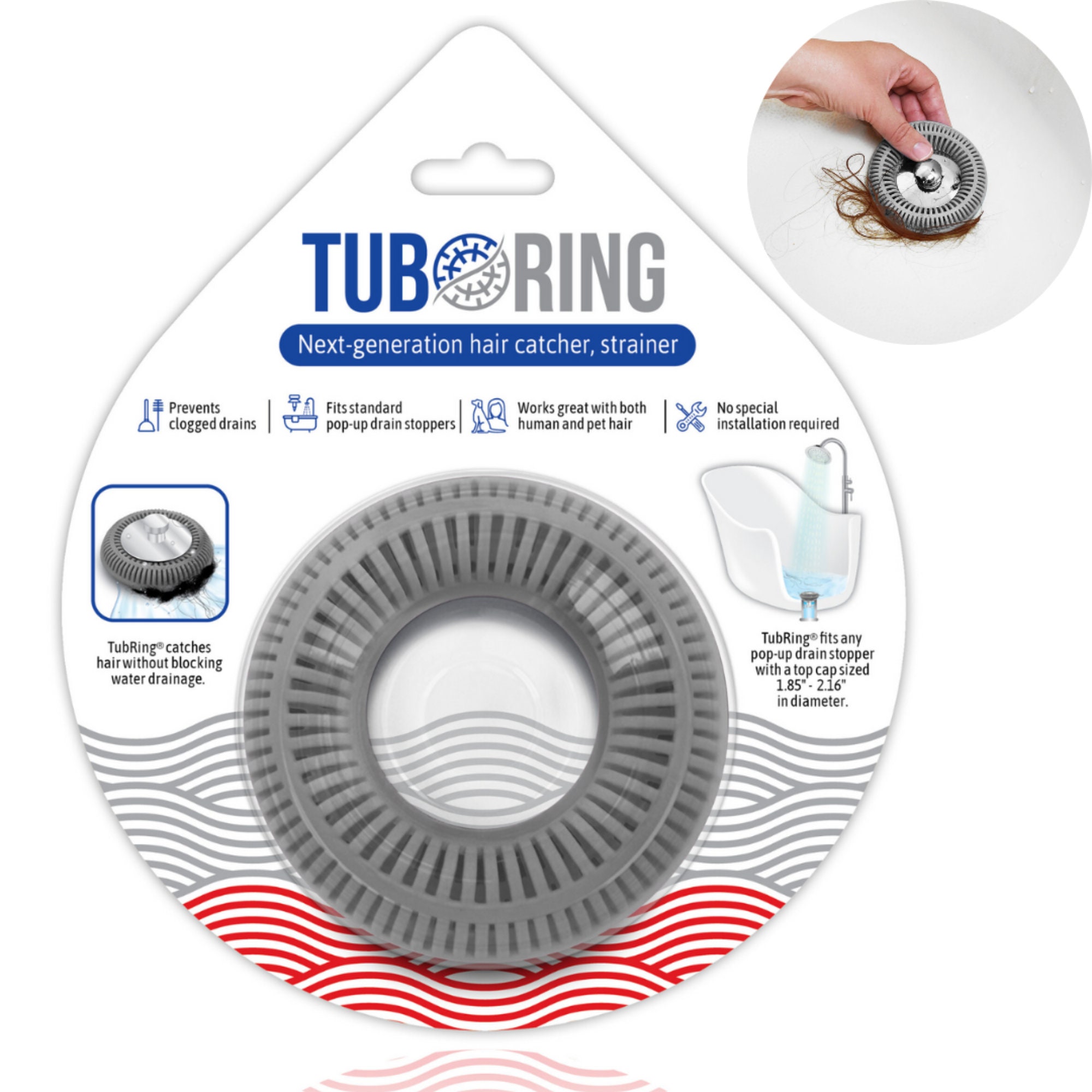 TUBRING the Ultimate Tub Drain Protector Flexible Silicone Hair Catcher,  Fits Pop-up Stoppers Between 1.85 2.16, Gray 