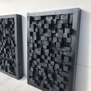 Wooden art sound diffuser black hanging acoustic panel studio theater sound dampening treatment pixel made with California Redwood image 6