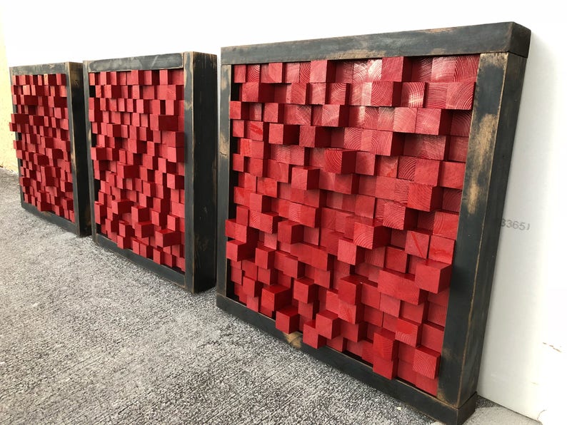 3 Distressed reclaimed wood sound diffuser acoustic panels hanging wall art Made with California Redwood image 1