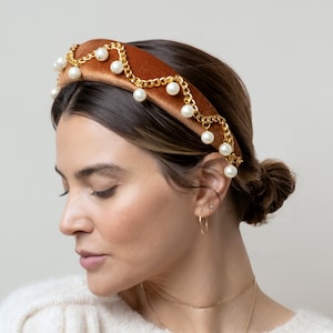 Leulla- Bridal Padded Pearl and Gold Chain Caramel Headband; Bride, Hairpiece