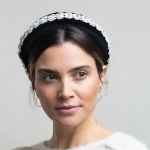 Naomi- Black Velvet Padded Headband with Pearl and Rhinestone Beaded Detail; Bride, Hairpiece