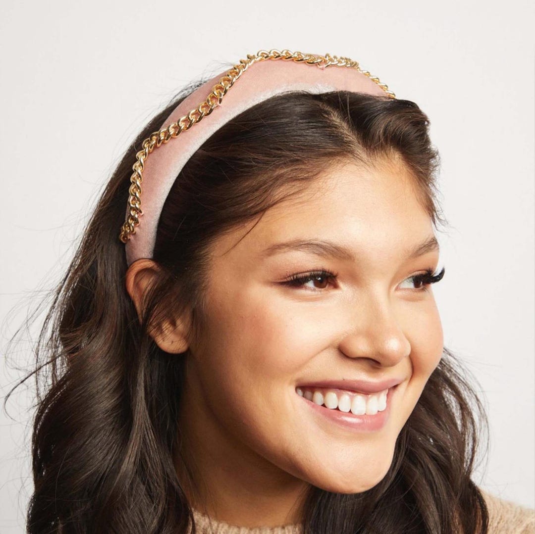Blush Pink Padded Headband with Gold Charm Blush Pink Velvet Padded Headband With Gold Chain Detail - Etsy main image 2