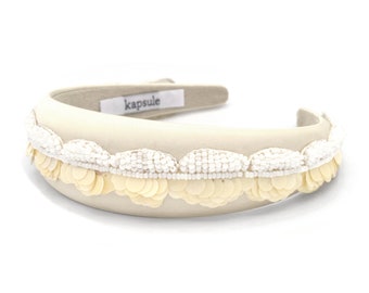 Maisie- Bridal Ivory Satin Headband with Beaded and Payette Detail; Bride, Hairpiece, Embellished