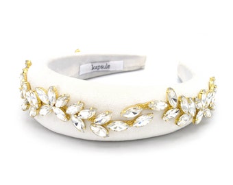 Diana- Bridal Padded Ivory Velvet Headband; Bride, Hairpiece, Metallic, Embellished Crystals