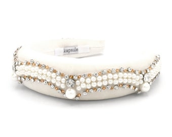 Lena- Bridal Padded Ivory Velvet Headband; Bride, Hairpiece, Metallic, Pearls, Embellished Crystals