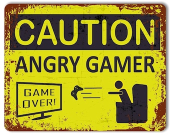 Caution: Angry Gamer | Game Room Decoration | Gift For Gamer | Metal Sign