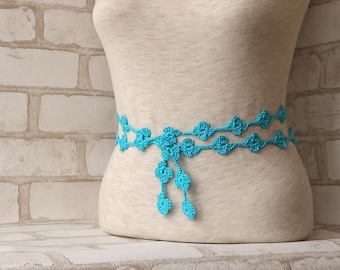 Turquoise Belt, Floral Crochet, Handmade Belt, Summer Fashion, Boho Style