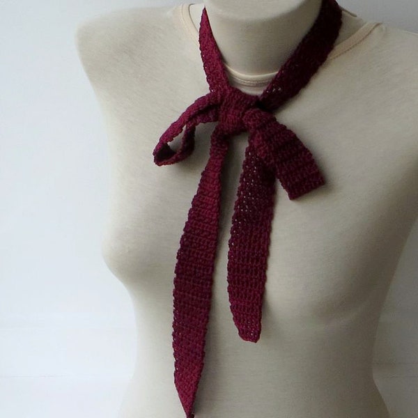 Burgundy Knit Scarf, Wine Scarf, Knit Belt, Necktie Scarf, Burgundy Cotton Scarf, Long Scarf, Choker Scarf, Narrow Knit Scarf.