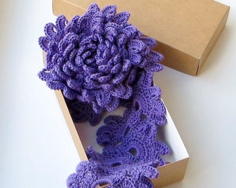 Knit Purple Scarf, Lace Knit Scarf, Violet Boho Scarf, Purple Crochet Scarf, Soft Knit Scarf.