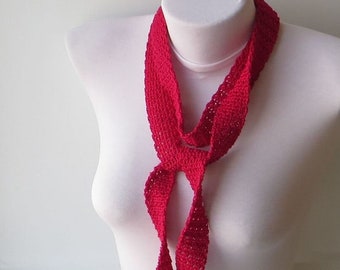 Red Skinny Scarf, Red Choker Scarf, Knit Red Scarf, Red Crochet Scarf, Red Necktie Scarf, Mini Scarf, Red Narrow Scarf.