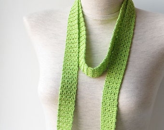 Green Cotton Scarf, Knit Green Scarf, Green Skinny Scarf, Cotton Narrow Scarf,  Green Necktie Scarf.