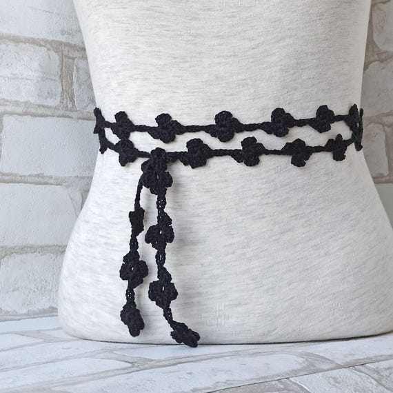 crochet belt for dress Black Crochet Daisy Belt: Adjustable Boho Dress Accessory