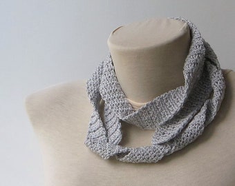 Gray Narrow Scarf, Gray Cotton Scarf, Gray Skinny Scarf, Silver Cotton Scarf, Knit Narrow Scarf, Silver Cotton Scarf, Knit Cotton Scarf.