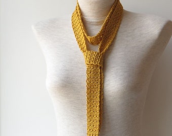 Gold Knit Scarf, Gold Choker Scarf, Gold Skinny Scarf, Gold Thin Scarf, Gold  Cotton Scarf, Knit Necktie Scarf, Knit Gold Belt, Crochet Belt