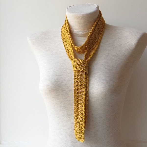 Gold Knit Scarf, Gold Choker Scarf, Gold Skinny Scarf, Gold Thin Scarf, Gold  Cotton Scarf, Knit Necktie Scarf, Knit Gold Belt, Crochet Belt