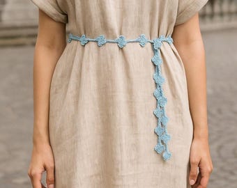 Blue Floral Crochet Belt, 1 inch Wide Belt, Summer Accessory