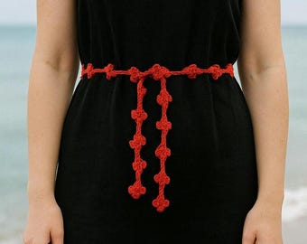 Red Belt, Boho Style, Dress Accessory, Knit Belt, Summer Fashion