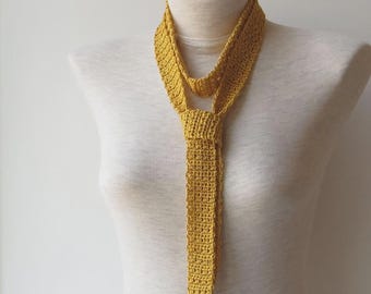 Gold Skinny Crochet Scarf, Gift to Her, Cotton Scarf