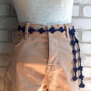 Navy Blue Belt, Summer Fashion, Dress Belt, Daisy Accessory, Handmade Belt, Boho Accessory