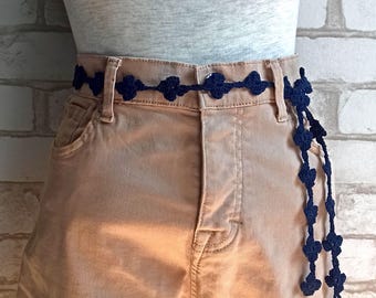 Navy Blue Crochet Belt: Handmade Boho Daisy Dress Accessory.