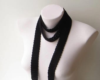 Black Crochet Skinny Scarf, Minimalist Accessory, Handmade Choker