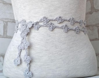 Silver Belt, Floral Crochet, Knit Belt, Boho Accessory, Summer Fashion