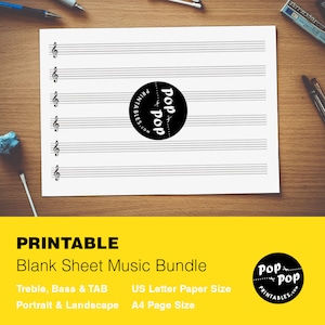 Könnte beinhalten: Druckbarer leerer Notenblatt-Satz in den Formaten US Letter und A4. Das Set enthält Notenblätter für Treble, Bass und Tabulatur im Hoch- und Querformat.