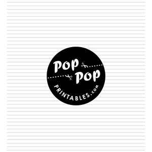 Può includere: Un modello di carta da lettere stampabile in bianco e nero con il testo "Pop Pop Printables.com" in un cerchio con le forbici.