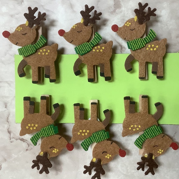 Prancing Christmas Reindeer Clothespin clips, Christmas tag holder, fridge magnets, photo, note holder, gift bag tag holder