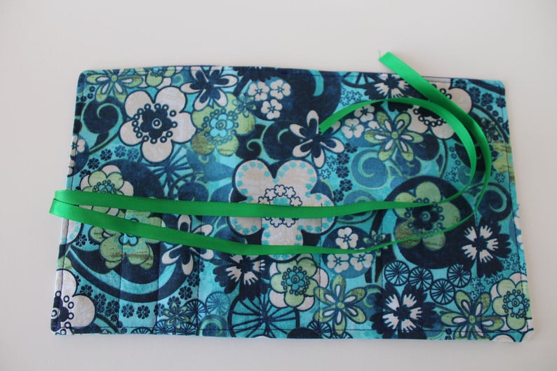 Turquoise Floral Vintage Print Brush Roll