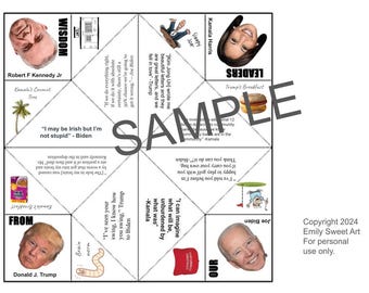 May include: A colorful paper fortune teller featuring images of political figures and quotes. The design includes faces of Donald Trump, Joe Biden, Kamala Harris, and Robert F. Kennedy Jr. with various quotes and phrases.