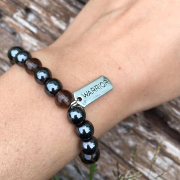 Hematite and Smoky Quartz Bracelet, Silver Warrior Charm, Wrist Mala, Mantra, Stackable, Yoga Jewelry, Meditate, Spiritual