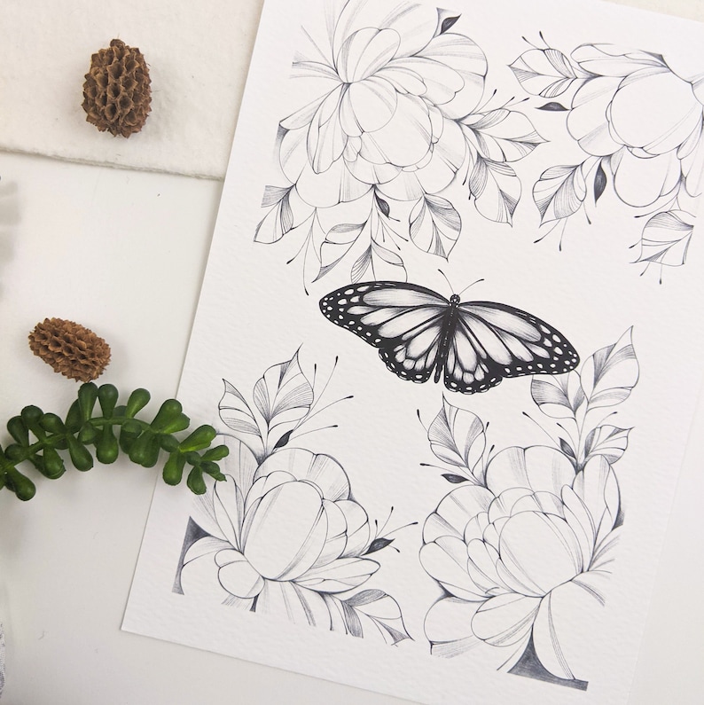 A5 Peony Butterfly Print