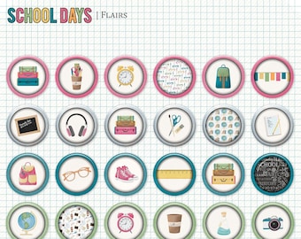 School Days Flair Buttons, Back to School Buttons, Digital Scrapbook Flairs, School Scrapbook Embellishments, Digital Buttons and Brads