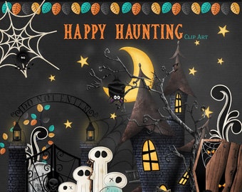 Halloween Clip Art, Haunted House Clipart, Halloween Graphics, Cute Ghost Clip Art, Spooky Clipart, Cute Ghost Clipart