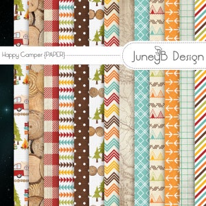 Happy Camper Digital Scrapbook Paper, Camping Paper, Woodland Digital Paper, Outdoor Paper Pack, Camping Background